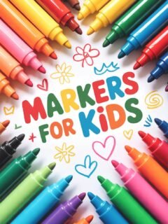 Colorful markers for kids' art projects, surrounded by doodles and hearts, on a white background. Fun and creative tools.