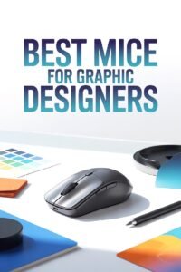 Computer mouse on desk with text 'Best Mice for Graphic Designers', design tools in background.