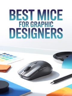 Computer mouse on desk with text 'Best Mice for Graphic Designers', design tools in background.