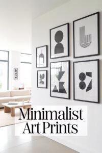 Minimalist art prints on a white wall in a modern living room, featuring abstract geometric designs in black frames.