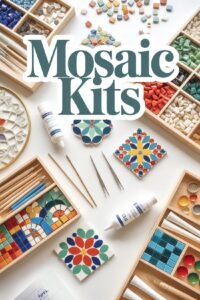 Colorful mosaic kits with tiles, tools, and designs for creative art projects.