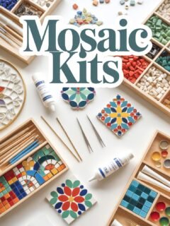 Colorful mosaic kits with tiles, tools, and designs for creative art projects.