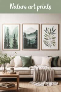 Nature-themed artwork above a cozy beige sofa with green pillows and a wooden coffee table.