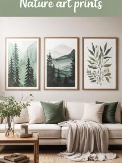 Nature-themed artwork above a cozy beige sofa with green pillows and a wooden coffee table.