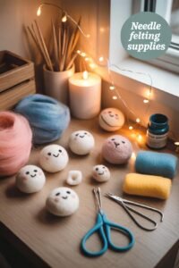 Needle felting supplies on a cozy desk with cute handmade felt characters and tools, surrounded by soft lighting.