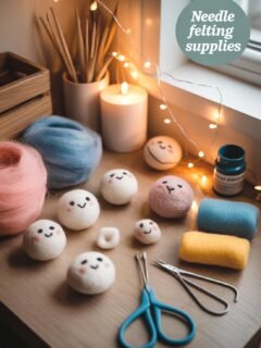Needle felting supplies on a cozy desk with cute handmade felt characters and tools, surrounded by soft lighting.