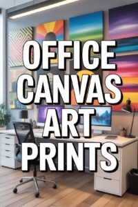 Modern office with colorful canvas art prints on walls, sleek desk setup, computer, and stylish chair.