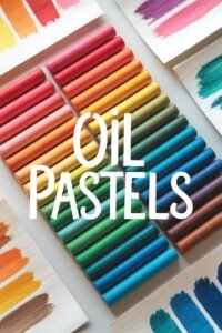 Colorful oil pastels arranged with swatches on paper, showcasing vibrant art supplies.