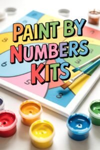 Paint by numbers kit with brushes and colorful paint pots on a canvas. Perfect for creative art projects.