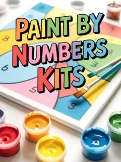 Paint by numbers kit with brushes and colorful paint pots on a canvas. Perfect for creative art projects.