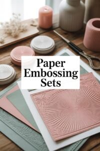 Paper embossing sets on a wooden table with candles and tools, perfect for crafting and design projects.