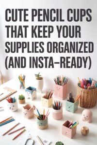 Cute pencil cups for organizing supplies, featuring colorful designs on a white desk, perfect for Instagram-ready decor.
