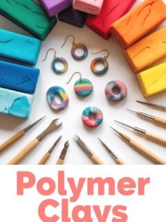Colorful polymer clays, tools, and handmade earrings for crafting and design projects on a white background.