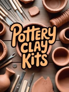 Pottery clay kits and tools on wooden table, ideal for creative crafts and pottery enthusiasts.