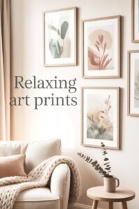 Cozy living room with relaxing art prints, neutral tones, comfy sofa, and decorative greenery.