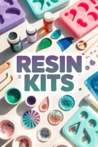 Colorful resin kits with molds, pigments, and tools for DIY crafting projects featured on a bright surface.