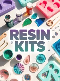 Colorful resin kits with molds, pigments, and tools for DIY crafting projects featured on a bright surface.