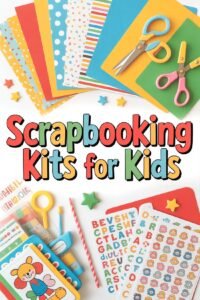 Colorful scrapbooking kits for kids with paper, stickers, scissors, and craft supplies for creative projects.