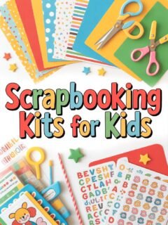 Colorful scrapbooking kits for kids with paper, stickers, scissors, and craft supplies for creative projects.
