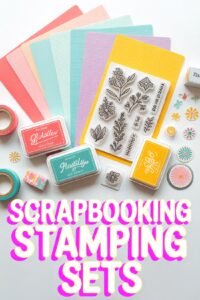 Colorful scrapbooking supplies, including stamping sets, ink pads, and paper, arranged creatively on a white background.