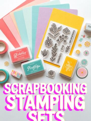 Colorful scrapbooking supplies, including stamping sets, ink pads, and paper, arranged creatively on a white background.