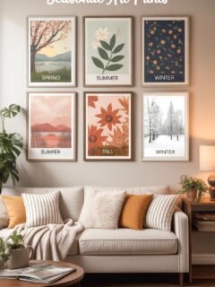 Seasonal art prints gallery wall above cozy sofa with cushions and plants, highlighting spring, summer, fall, winter themes.