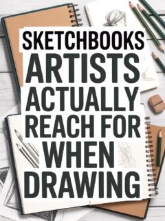 Sketchbooks and pencils on a table with text about artists' preferred drawing tools.