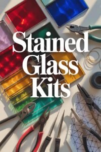 Colorful stained glass kits with tools on a table, ideal for crafting and DIY art projects.