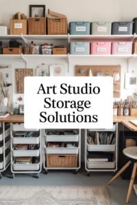 Art studio organized with labeled storage bins and shelves, featuring various art supplies and materials neatly arranged.