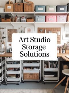 Art studio organized with labeled storage bins and shelves, featuring various art supplies and materials neatly arranged.