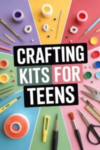 Crafting kits for teens with colorful tools and materials on vibrant background.