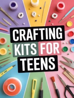Crafting kits for teens with colorful tools and materials on vibrant background.