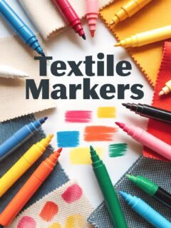 Colorful textile markers surrounded by fabric swatches for creative fabric art projects.