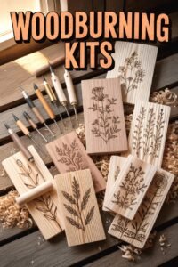 Woodburning kits featuring tools and engraved wood pieces with botanical designs on a wooden surface.