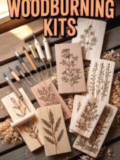 Woodburning kits featuring tools and engraved wood pieces with botanical designs on a wooden surface.