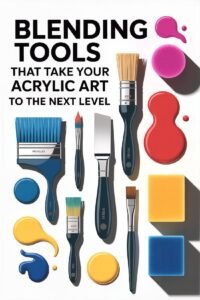 Acrylic art blending tools: brushes, sponges, and paint swatches on white background for enhanced artistic effects.