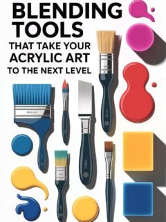 Acrylic art blending tools: brushes, sponges, and paint swatches on white background for enhanced artistic effects.