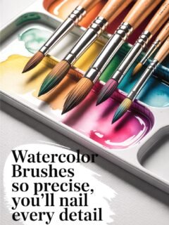 Watercolor brushes on a palette with vibrant paints. Text: Watercolor Brushes so precise, you&rsquo;ll nail every detail.