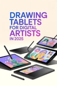 Trendy drawing tablets for digital artists in 2025 with colorful doodles and stylus pens on display.