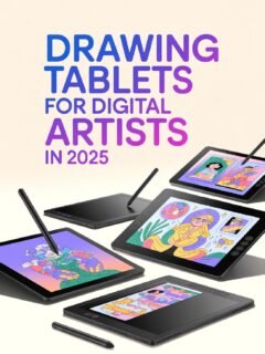 Trendy drawing tablets for digital artists in 2025 with colorful doodles and stylus pens on display.