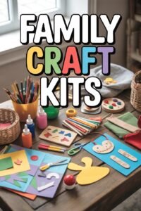Family craft kit supplies on a table, featuring paints, scissors, paper, and various colorful crafting materials.