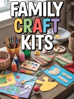 Family craft kit supplies on a table, featuring paints, scissors, paper, and various colorful crafting materials.