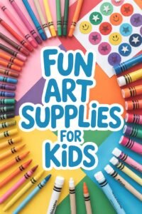Colorful art supplies for kids with crayons and stickers on a vibrant background.