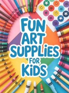 Colorful art supplies for kids with crayons and stickers on a vibrant background.