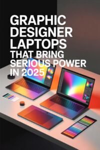 Laptops for graphic designers with vibrant displays and color tools on a table, highlighting 2025's design power.