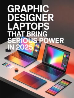 Laptops for graphic designers with vibrant displays and color tools on a table, highlighting 2025's design power.