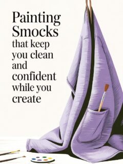 Purple painting smock with brushes promotes staying clean and confident while creating art.