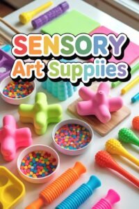 Colorful sensory art supplies with textured tools and vibrant beads for creative play and tactile engagement.
