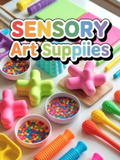 Colorful sensory art supplies with textured tools and vibrant beads for creative play and tactile engagement.