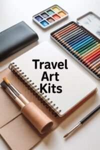 Travel art kits with colored pencils, watercolors, and brushes on a desk, ready for creative adventures.